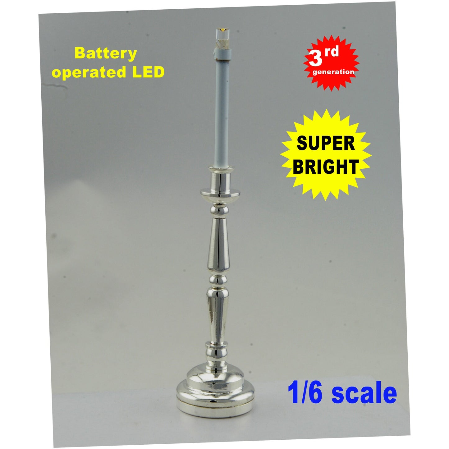Silver Candlestick lamp LED Super bright with On/off switch for 1:6 dollhouse miniature candle stick candle