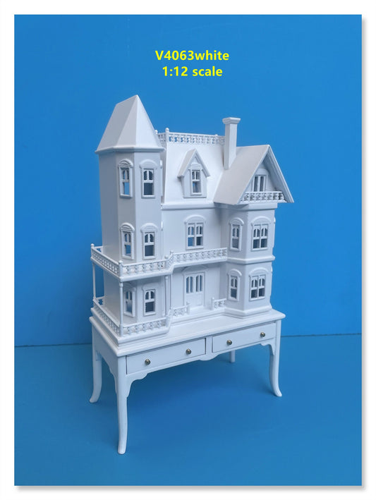 Mini maison de poupée de style Queen Anne pour maison de poupée 1/12 avec table BLANC 1:144 maison miniature pour 1/12 pièces ouverture arrière V4063 WH