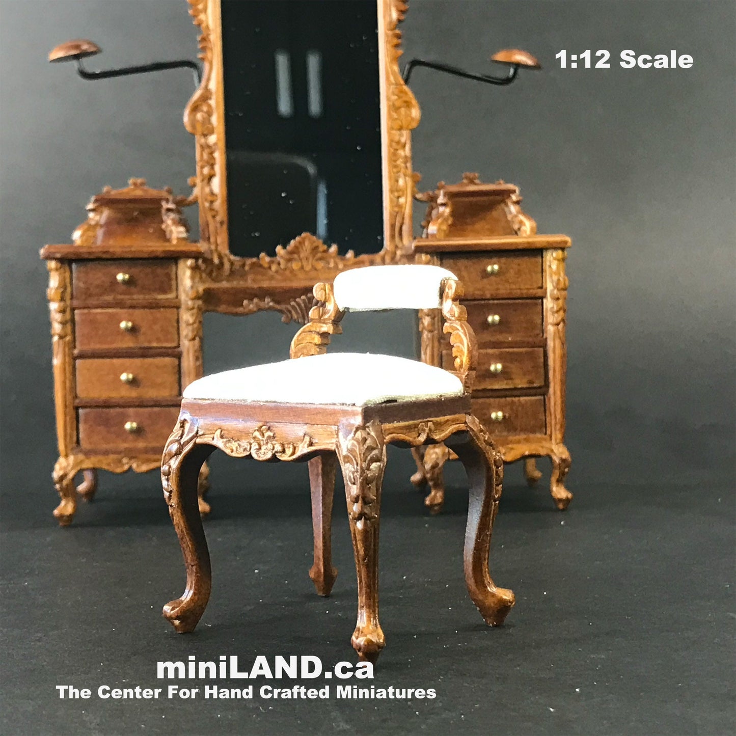 Fine Quality Dresser with hats stands ans stool walnut 1:12 scale vanity mirror