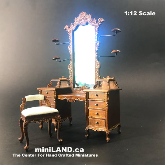 Commode de qualité supérieure avec porte-chapeaux et tabouret en noyer, miroir de courtoisie à l'échelle 1:12