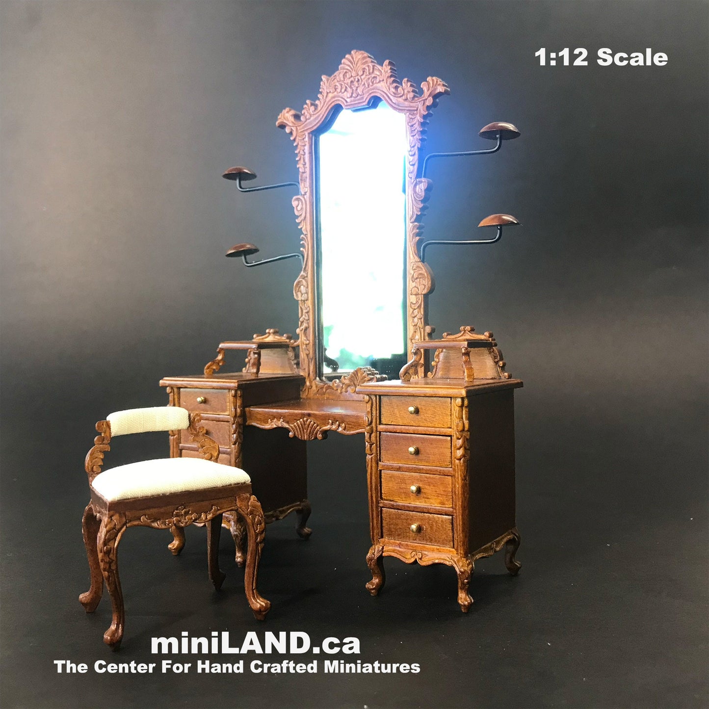 Fine Quality Dresser with hats stands ans stool walnut 1:12 scale vanity mirror