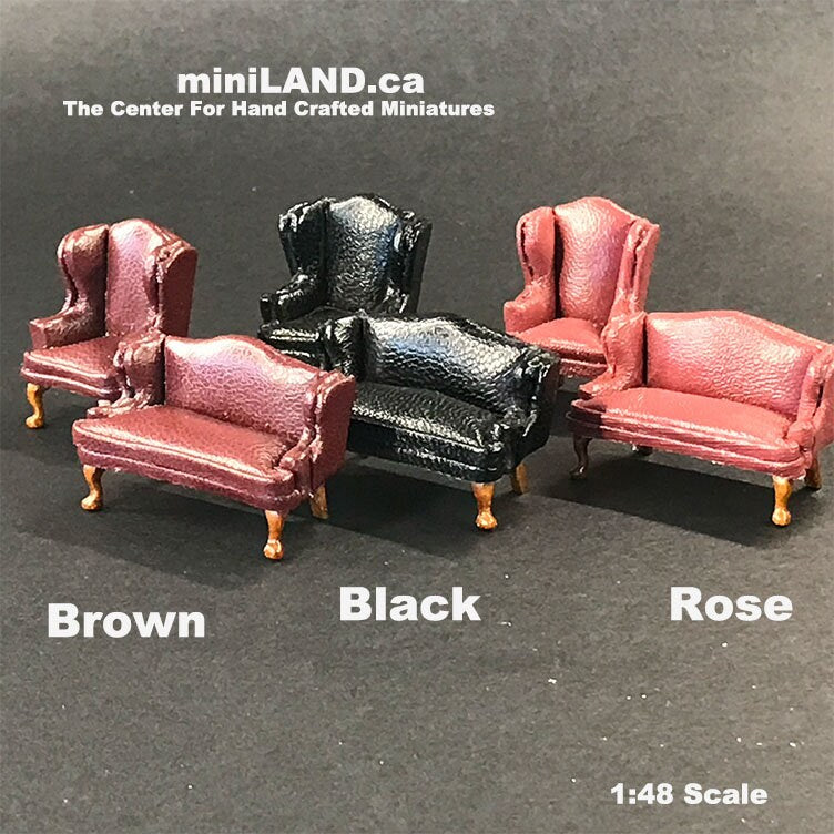 1:48 1/4" quarter scale Queen Anne Leather Sofa and wing chair set BLACK Top quality walnut for dollhouse miniature