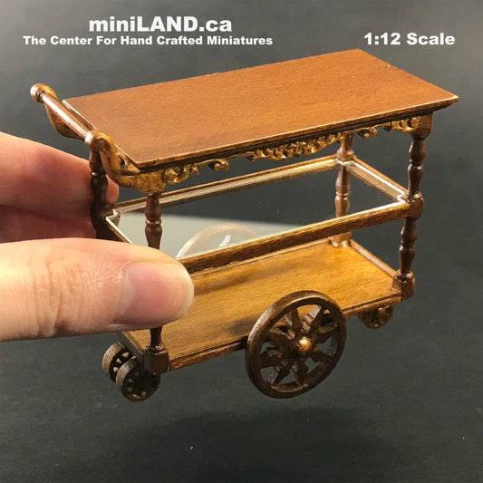 Teewagen, hochwertiger Spirituosenservice, Walnuss- oder Mahagoni-Räder im Maßstab 1:12