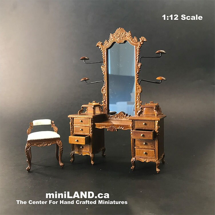 Fine Quality Dresser with hats stands ans stool walnut 1:12 scale vanity mirror