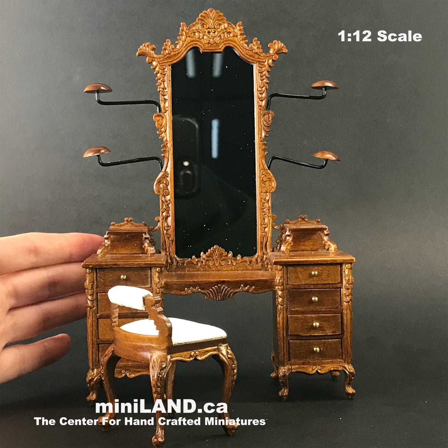 Fine Quality Dresser with hats stands ans stool walnut 1:12 scale vanity mirror