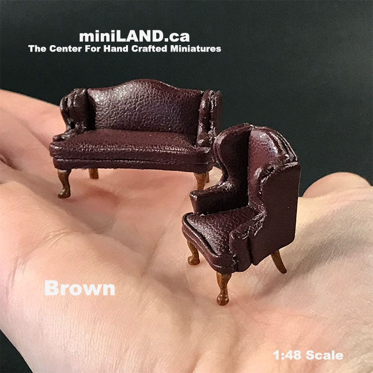Ensemble canapé et fauteuil à oreilles en cuir Queen Anne, échelle 1/4" 1/4, marron/rouge, noyer de qualité supérieure pour miniature de maison de poupée