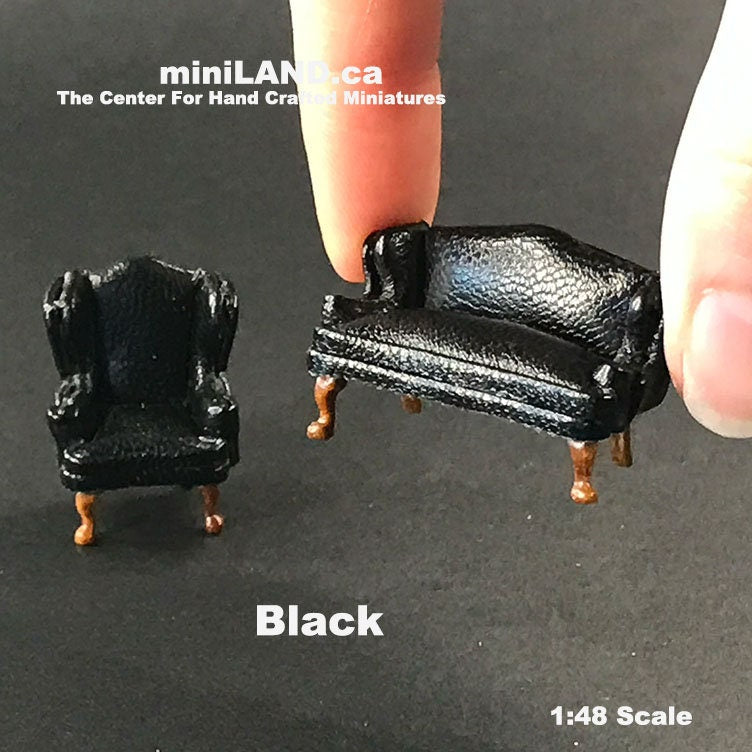 1:48 1/4" quarter scale Queen Anne Leather Sofa and wing chair set BLACK Top quality walnut for dollhouse miniature