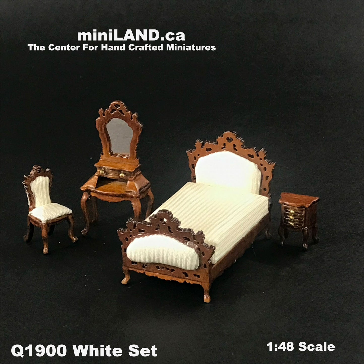 1:48 1/4" quarter scale Victorian bed room set 4pcs Top quality Walnut dollhouse miniature dresser Q1900set White