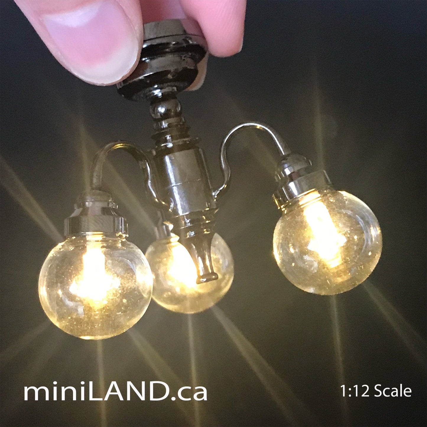 3 Arm gunmetal black globe clear glass ball chandelier LED Super bright with on/off switch for 1:12 scale dollhouse miniatures
