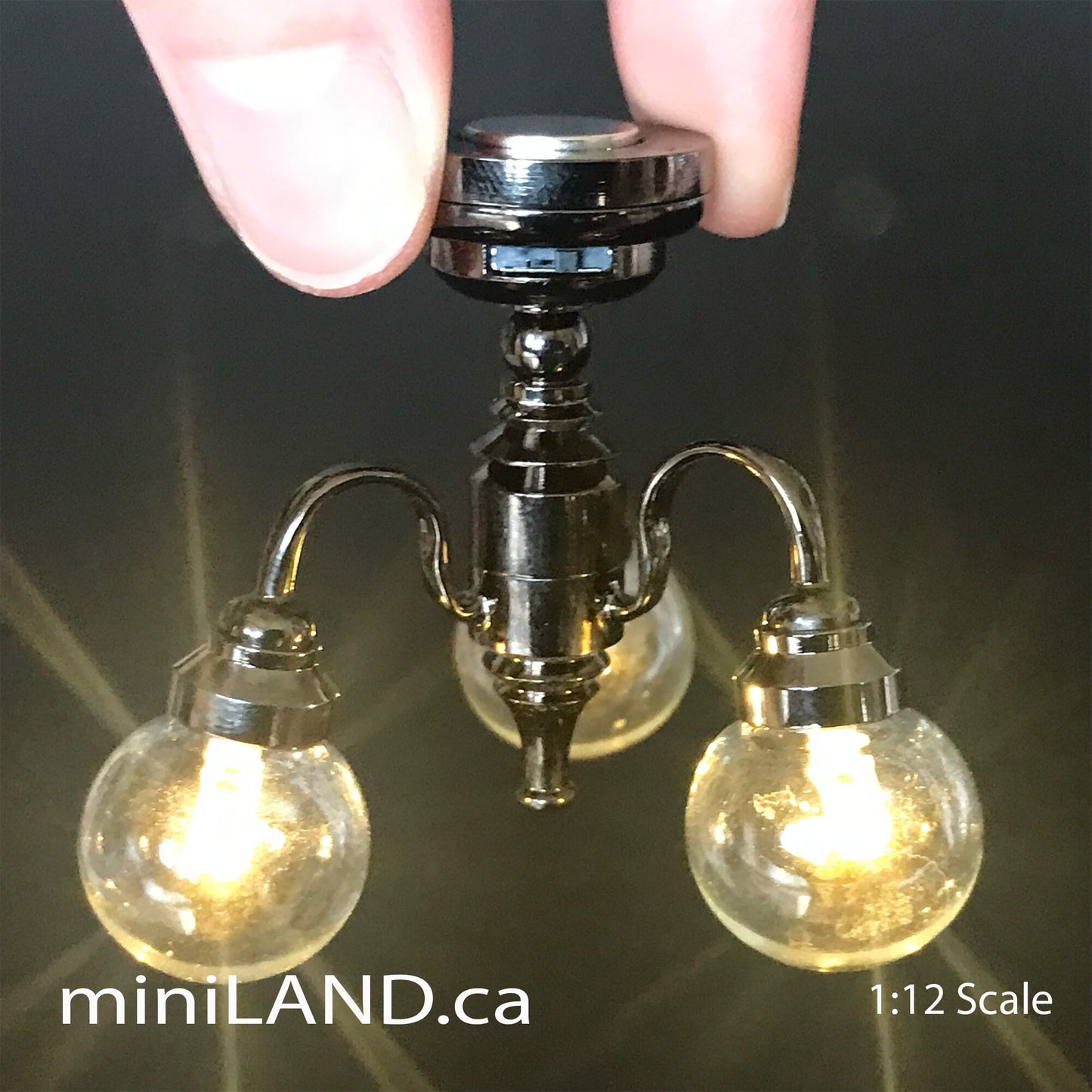3 Arm gunmetal black globe clear glass ball chandelier LED Super bright with on/off switch for 1:12 scale dollhouse miniatures