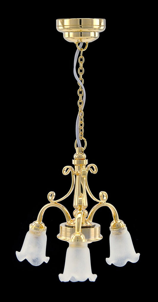 3 Arm BRASS frosted glass tulip chandelier LED Super bright with on/off switch for 1:12 scale dollhouse miniatures hanging