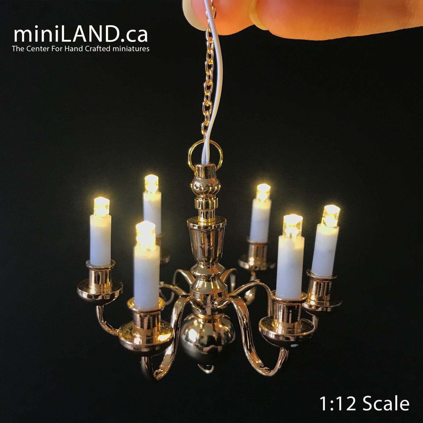 Brass Chandelier 6 arms Dollhouse miniature light lamp Led battery on/off candles 1:12 super bright