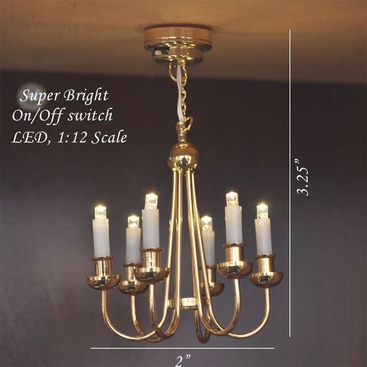 Colonial Brass chandelier 6 arms LED LAMP Dollhouse miniature light with battery and on/off  switch 1:12 scale