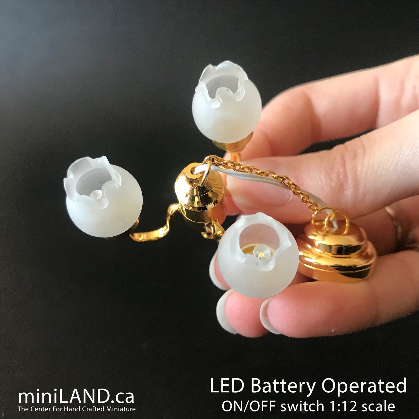 3 Arm brass frosted tulip hanging chandelier LED Super bright with on/off switch for 1:12 scale dollhouse miniatures