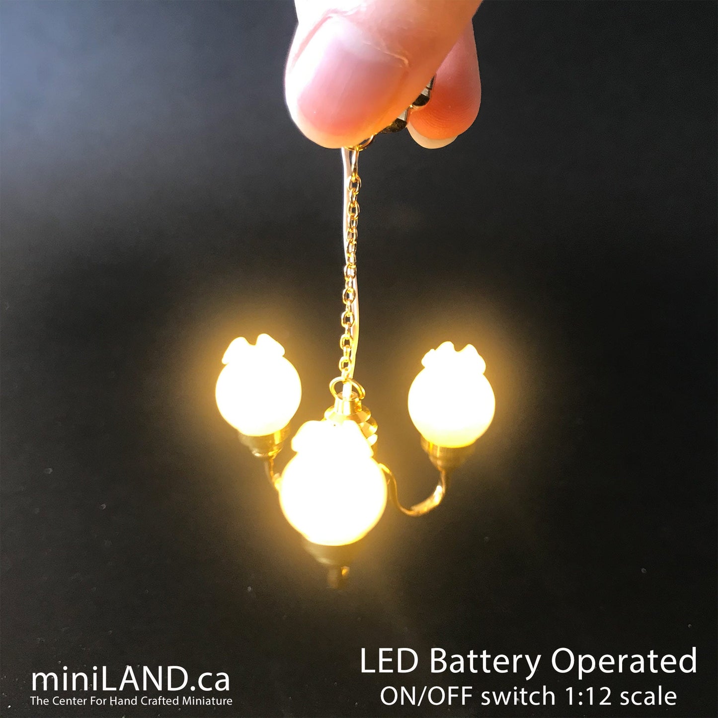 3 Arm brass frosted tulip hanging chandelier LED Super bright with on/off switch for 1:12 scale dollhouse miniatures