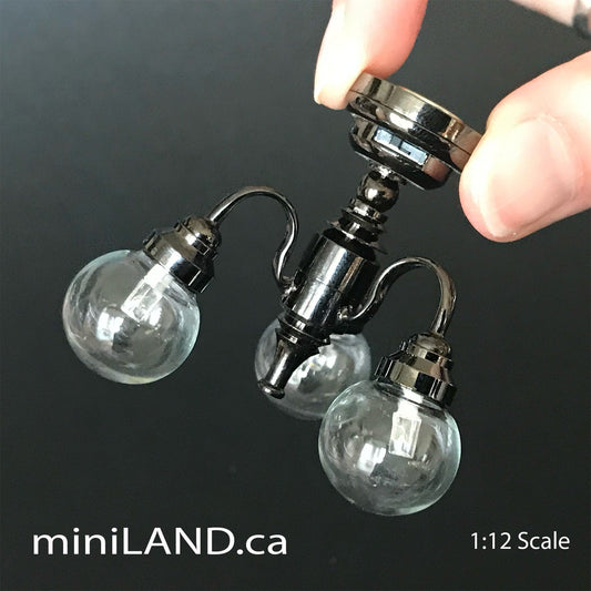 3 Arm gunmetal black globe clear glass ball chandelier LED Super bright with on/off switch for 1:12 scale dollhouse miniatures