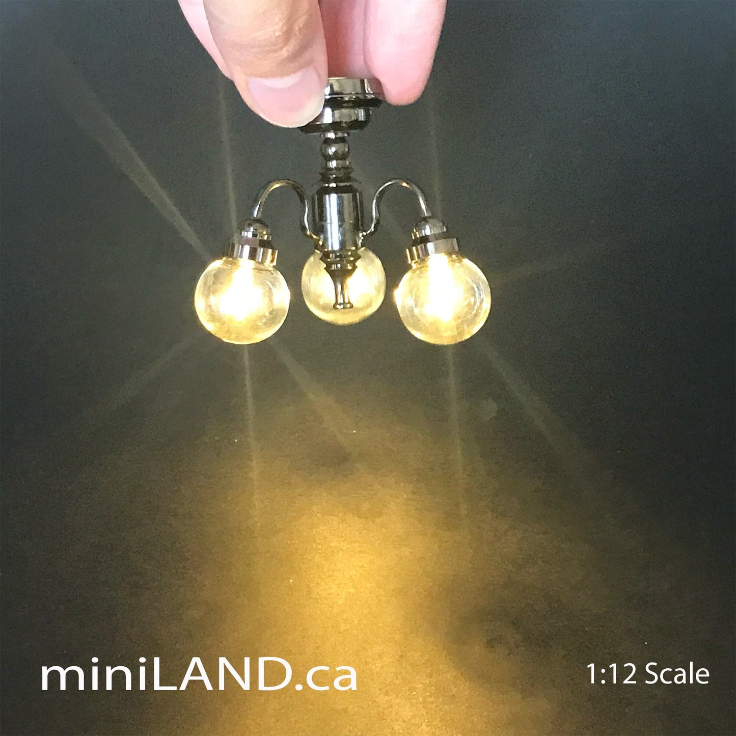 3 Arm gunmetal black globe clear glass ball chandelier LED Super bright with on/off switch for 1:12 scale dollhouse miniatures