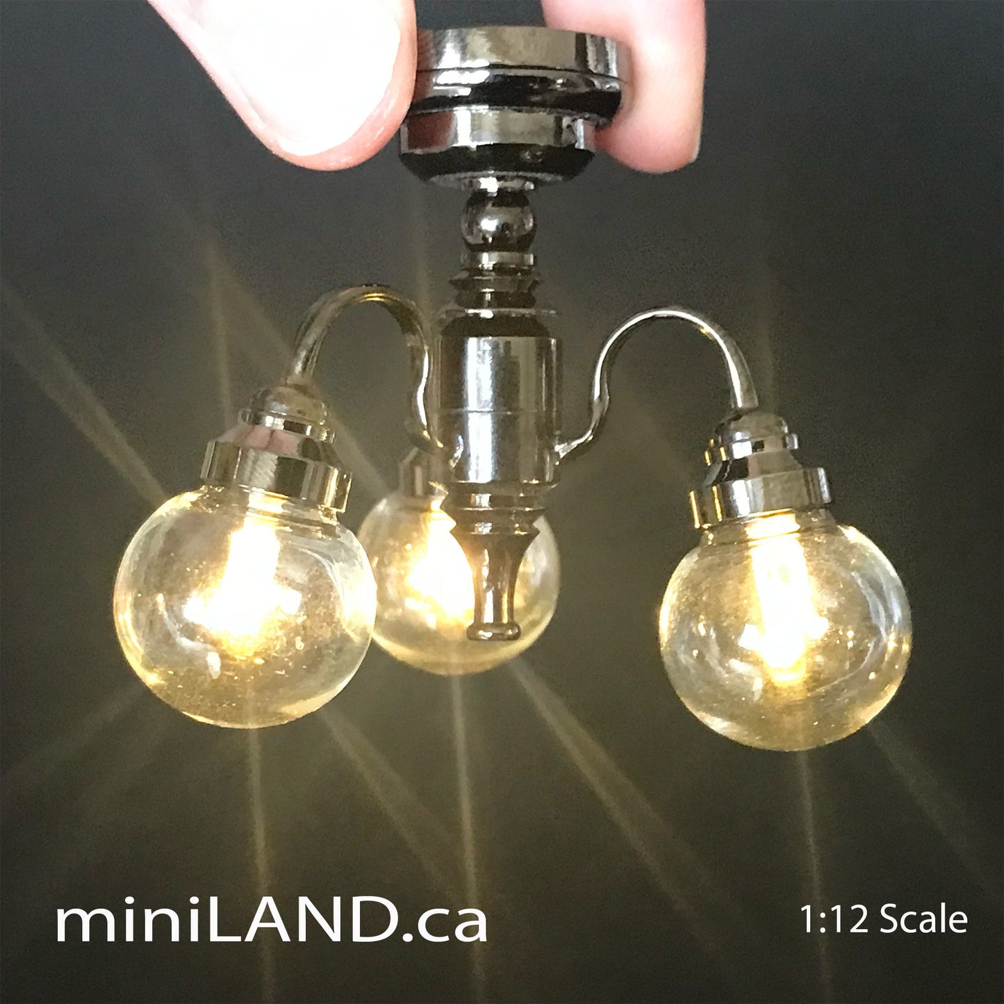 3 Arm gunmetal black globe clear glass ball chandelier LED Super bright with on/off switch for 1:12 scale dollhouse miniatures