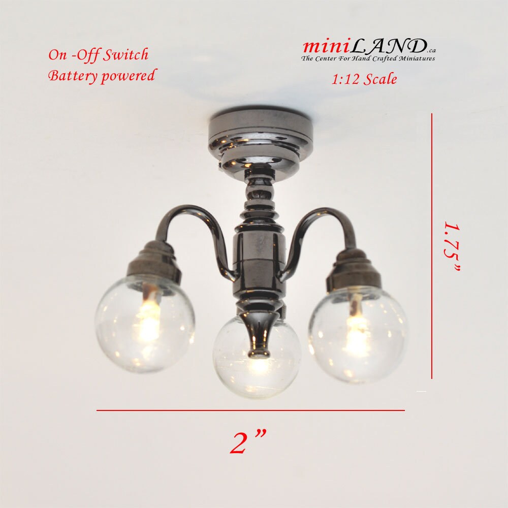 3 Arm gunmetal black globe clear glass ball chandelier LED Super bright with on/off switch for 1:12 scale dollhouse miniatures