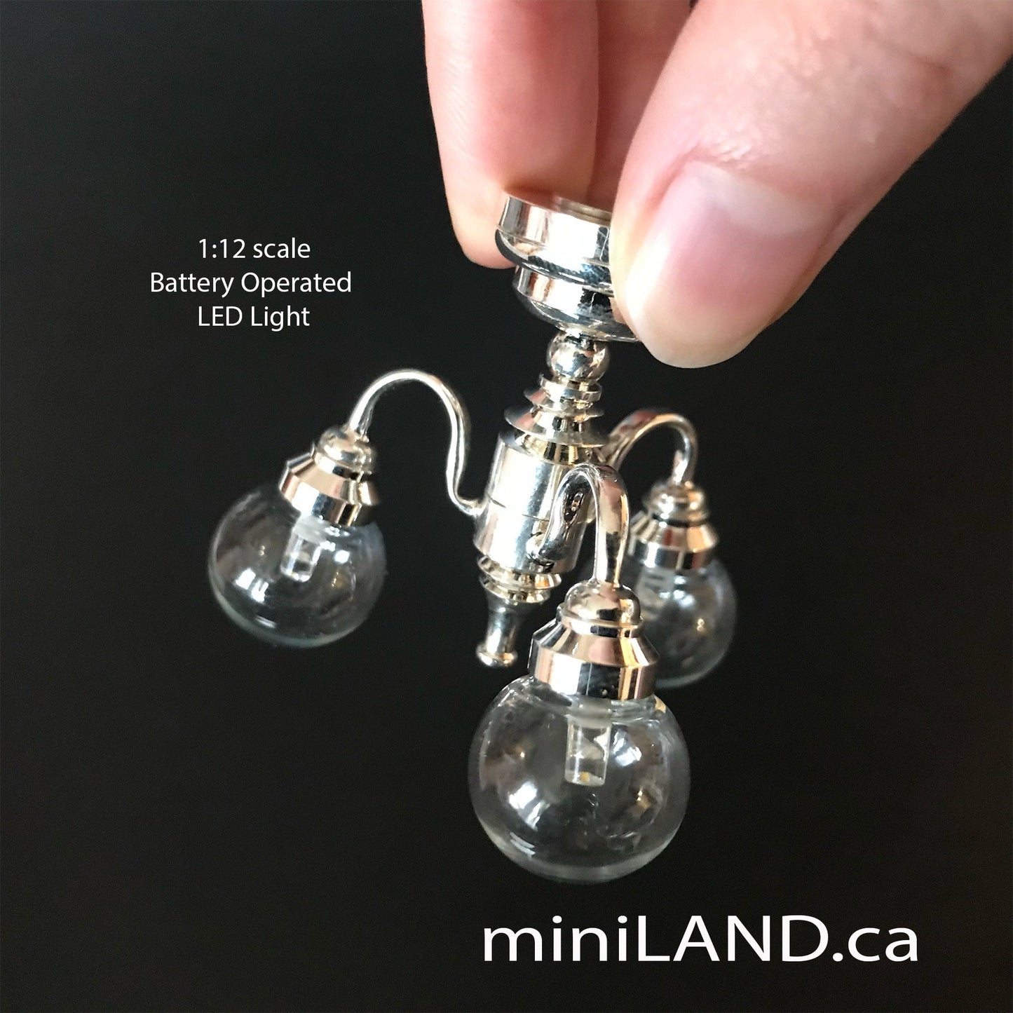 3 Arm SILVER globe clear glass ball chandelier LED Super bright with on/off switch for 1:12 scale dollhouse miniatures