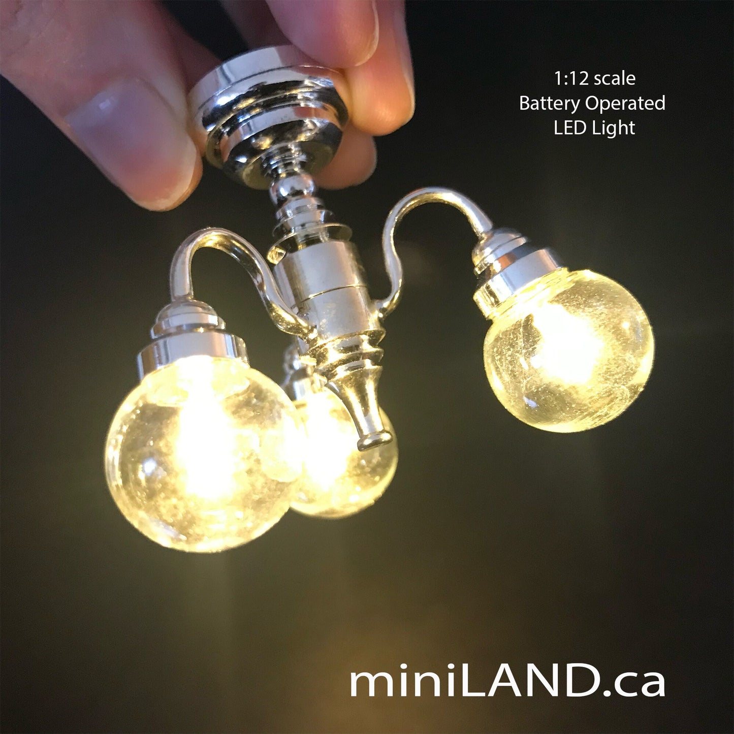 3 Arm SILVER globe clear glass ball chandelier LED Super bright with on/off switch for 1:12 scale dollhouse miniatures