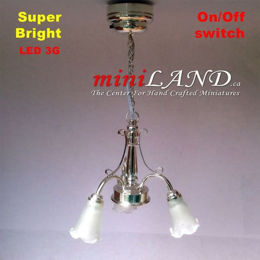 Lustre tulipe en verre dépoli argenté à 3 bras LED super lumineux avec interrupteur marche/arrêt pour suspension de miniatures de maison de poupée à l'échelle 1:12