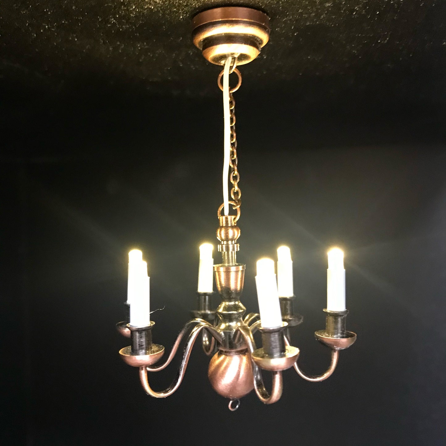Copper Chandelier 6 arms LED LAMP Dollhouse miniature light battery on/off candles 1:12 super bright