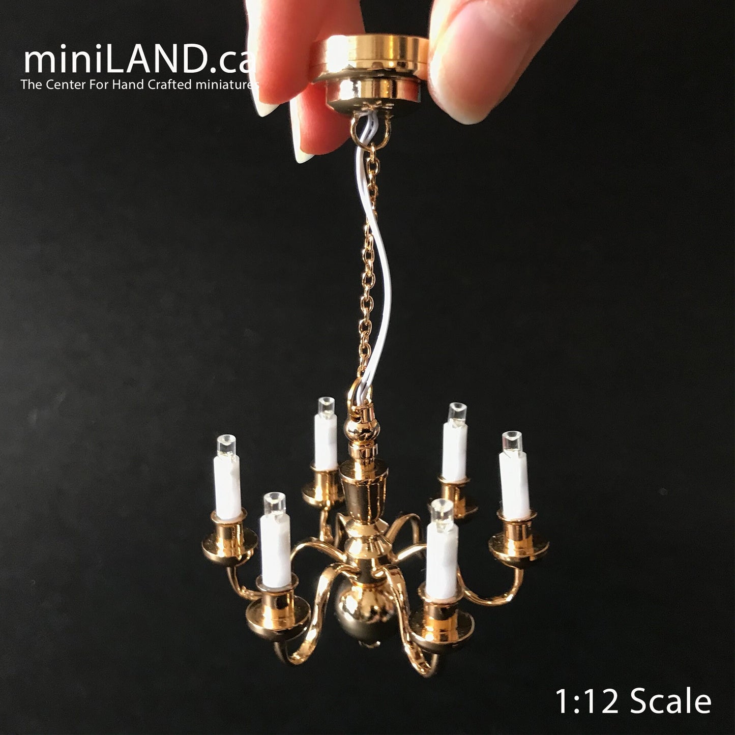 Brass Chandelier 6 arms Dollhouse miniature light lamp Led battery on/off candles 1:12 super bright