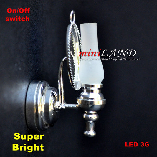 Brass frosted glass wall sconce oil lamp LED super bright light with on/off switch for 1:12 scale dollhouse miniatures