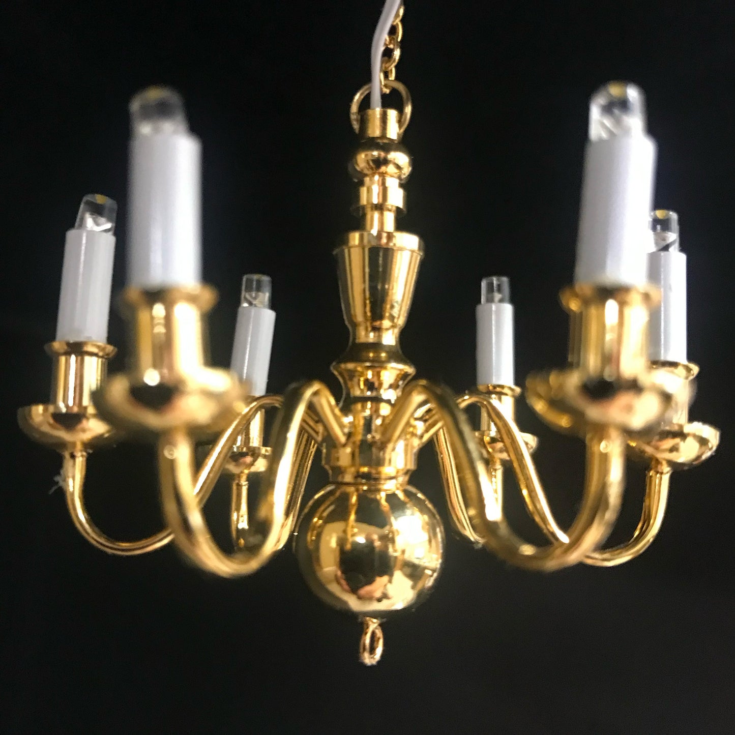 Brass Chandelier 6 arms Dollhouse miniature light lamp Led battery on/off candles 1:12 super bright