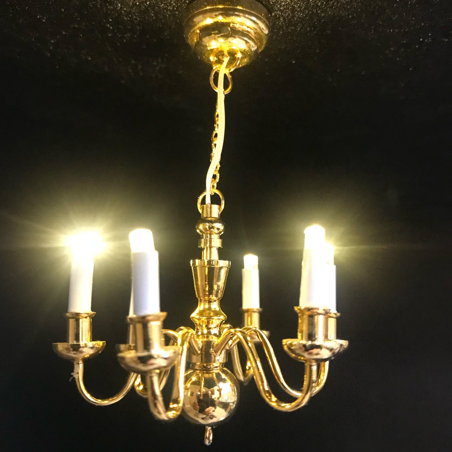 Brass Chandelier 6 arms Dollhouse miniature light lamp Led battery on/off candles 1:12 super bright