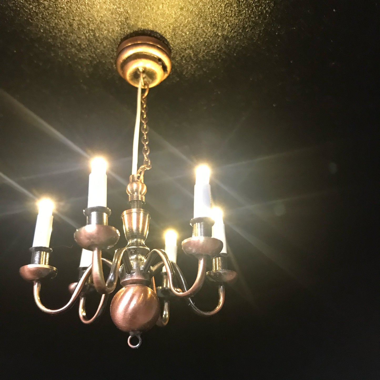 Copper Chandelier 6 arms LED LAMP Dollhouse miniature light battery on/off candles 1:12 super bright