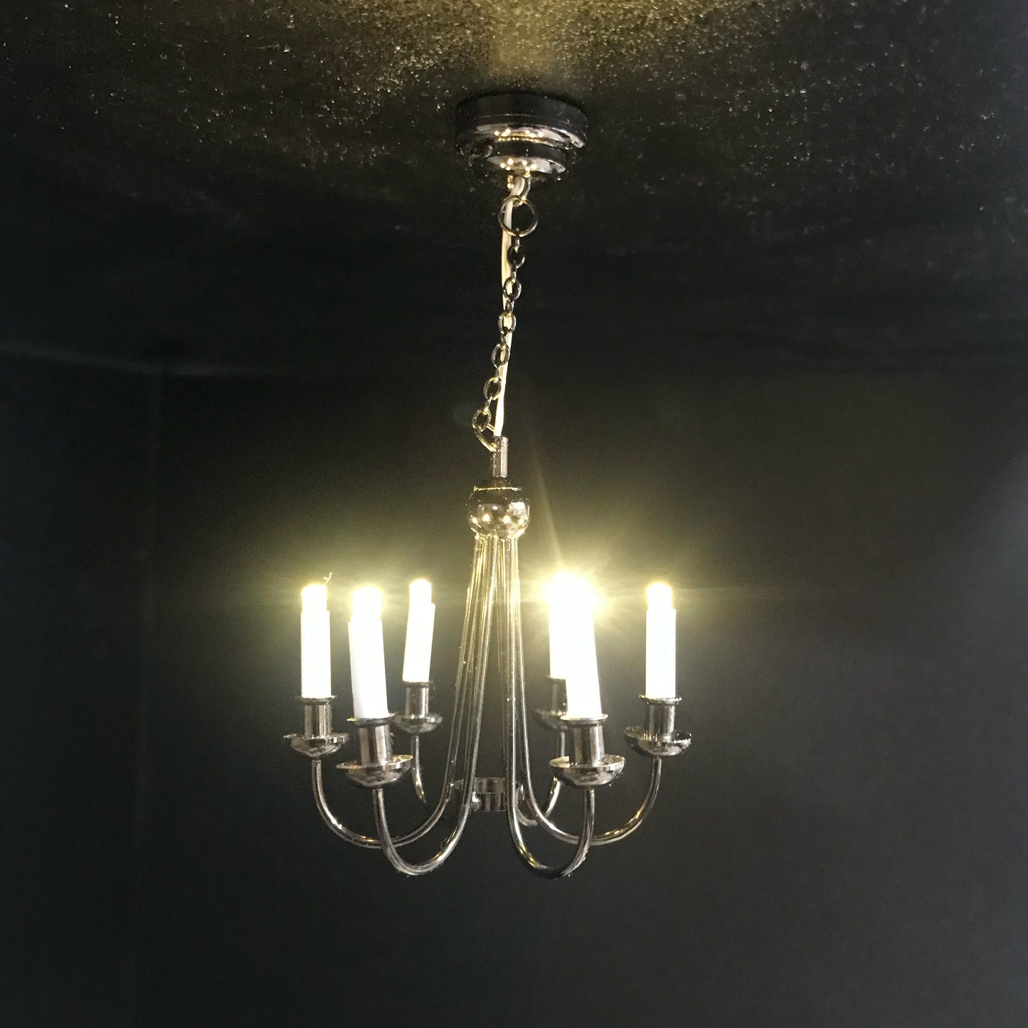 Colonial Black chandelier 6 arms LED LAMP Dollhouse miniature light with battery and on/off switch 1:12 scale