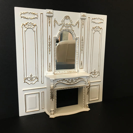 Panneau de cheminée - Gamme Royal Paneling Blanc avec or pour panneau mural miniature de maison de poupée 1:12