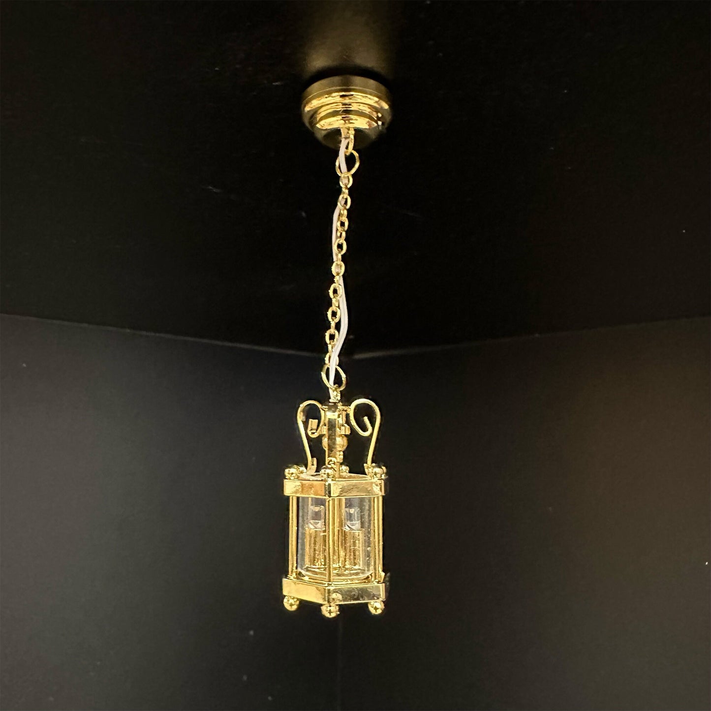 Hanging clear hexagonal lantern lamp ceiling LED Super bright light with On/off switch for dollhouse miniature 1:12 FA00001