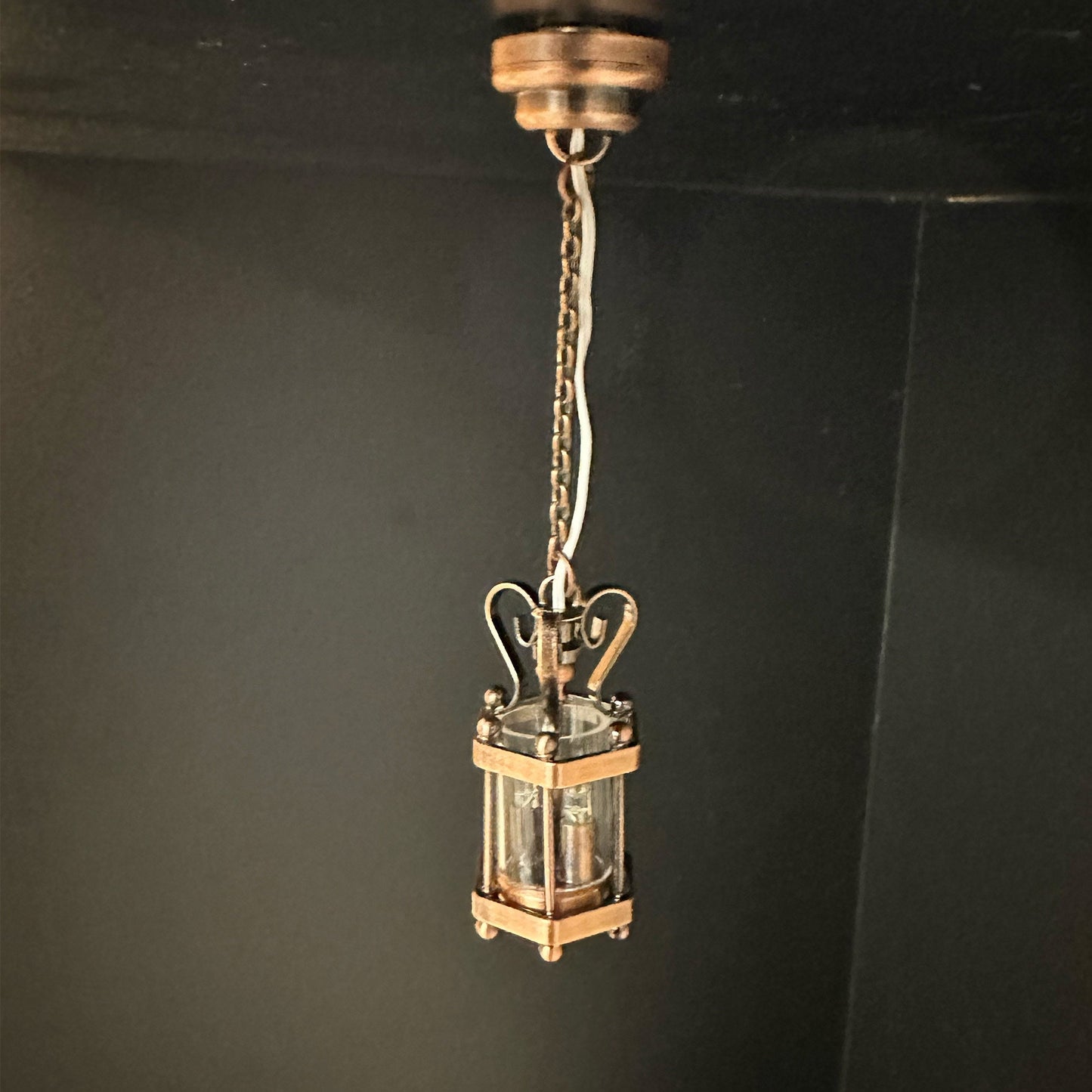 Hanging clear hexagonal lantern lamp ceiling LED Super bright light with On/off switch for dollhouse miniature 1:12 FA00001