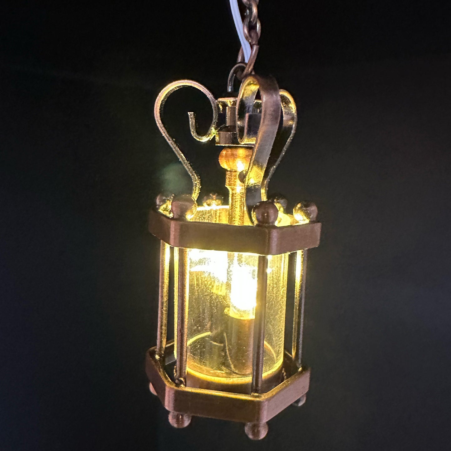 Hanging clear hexagonal lantern lamp ceiling LED Super bright light with On/off switch for dollhouse miniature 1:12 FA00001
