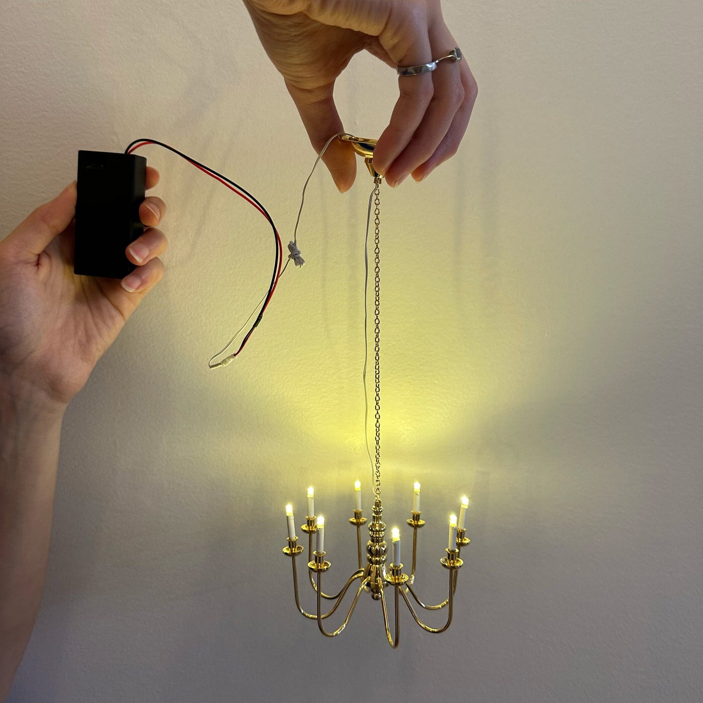 Miniature Brass 8 arms CHANDELIER LED light lamp for Dollhouse - battery operated