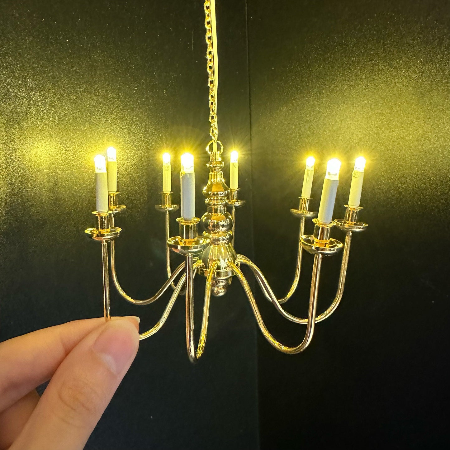 Miniature Brass 8 arms CHANDELIER LED light lamp for Dollhouse - battery operated