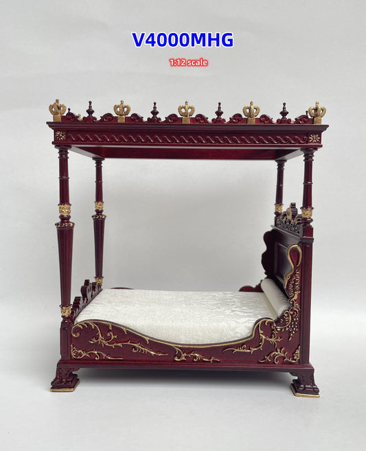 Lit à baldaquin Renaissance en acajou Crispin de Passe, miniature de maison de poupée 1:12, fabriqué à la main