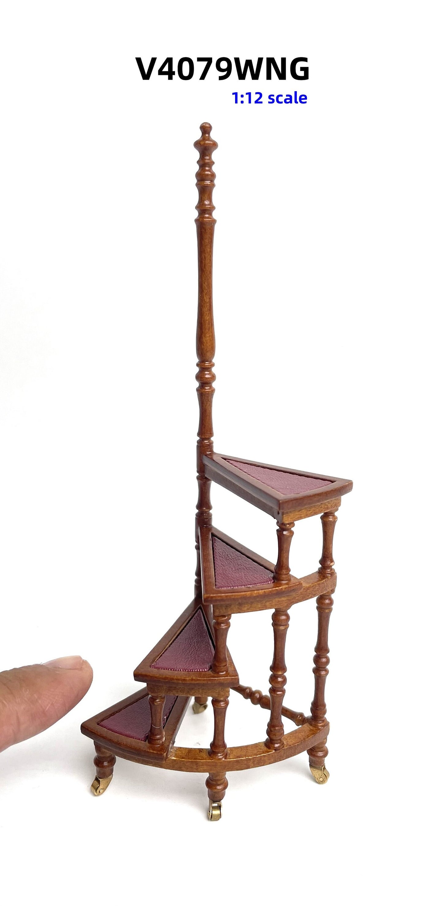 Library ladder step ladder WALNUT Victorian. Solid wood-covered Burgundy leather four-stage 1:12 scale for dollhouse miniature stairs