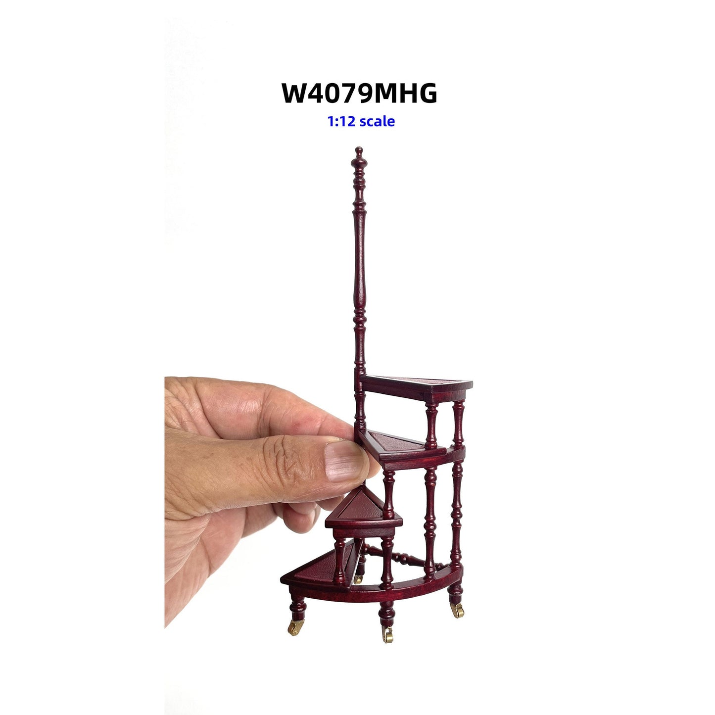library ladder step ladder mahogany Victorian. Solid wood-covered Burgundy leather four-stage 1:12 scale for dollhouse miniature stairs