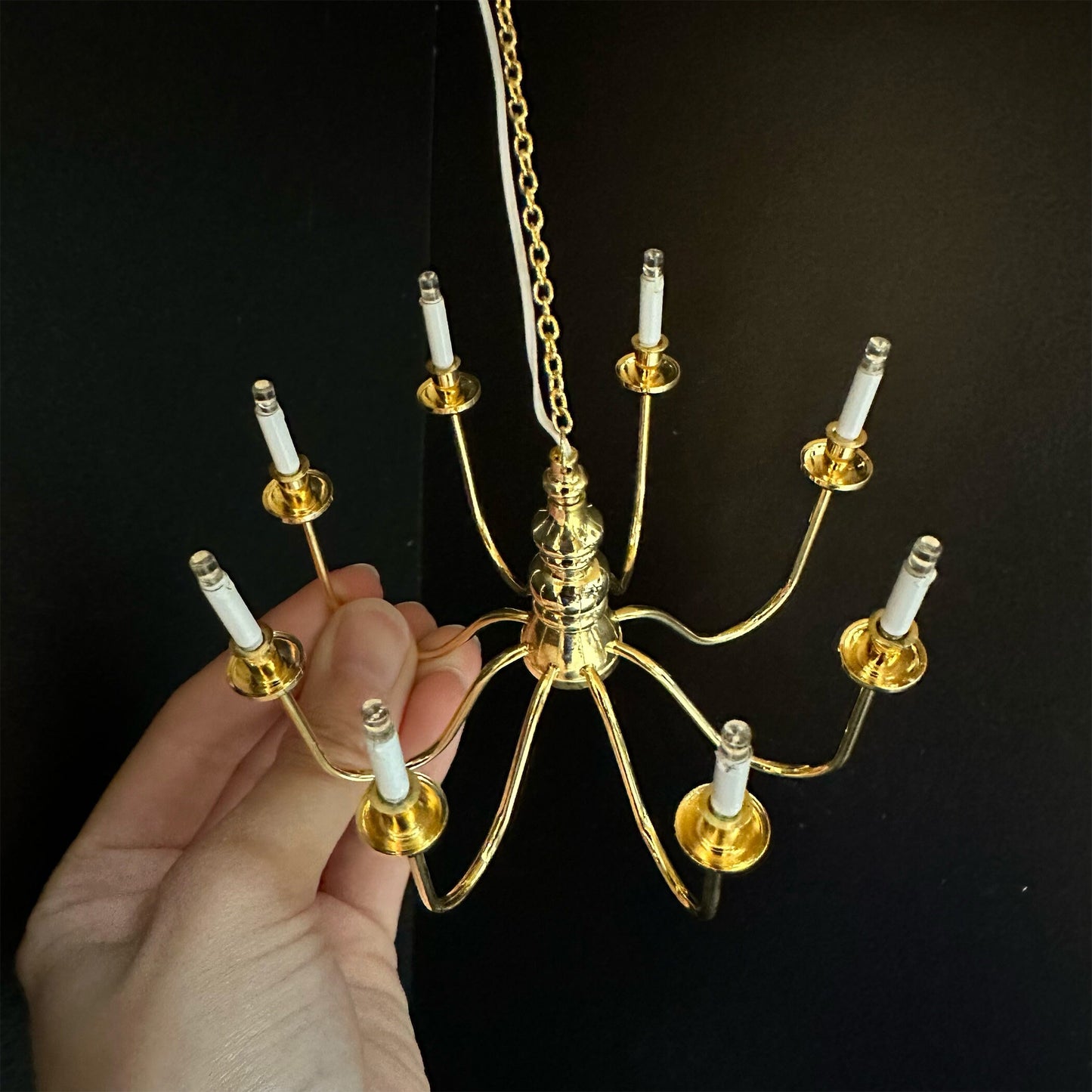 Miniature Brass 8 arms CHANDELIER LED light lamp for Dollhouse - battery operated