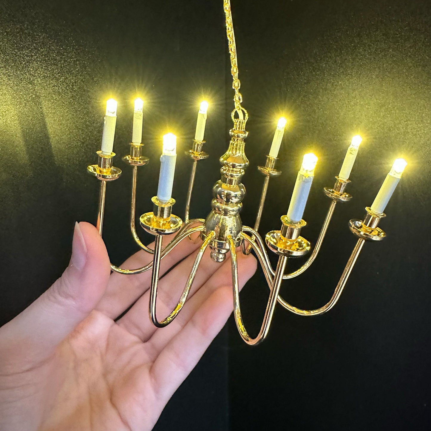 Miniature Brass 8 arms CHANDELIER LED light lamp for Dollhouse - battery operated