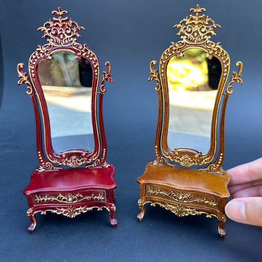 Victorian Dressing Standing Mirror 18th century carved for dollhouse miniature 1:12 Walnut color with drawer Vanity floor mirror