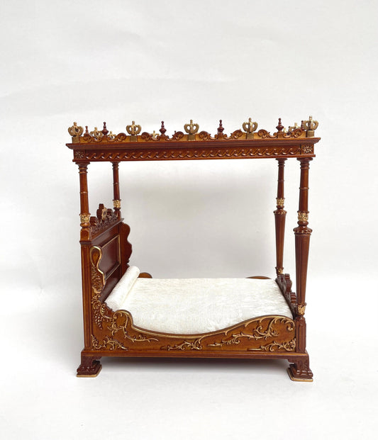 Lit à baldaquin Renaissance Crispin de Passe en NOYER, style miniature pour maison de poupée 1:12, fabriqué à la main