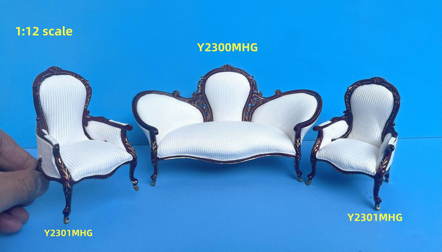 Victorian mini 1:12 scale Rococo ORNATE armchair and sofa couch for Dollhouse miniature mahogany and gold accents Y2300 2301