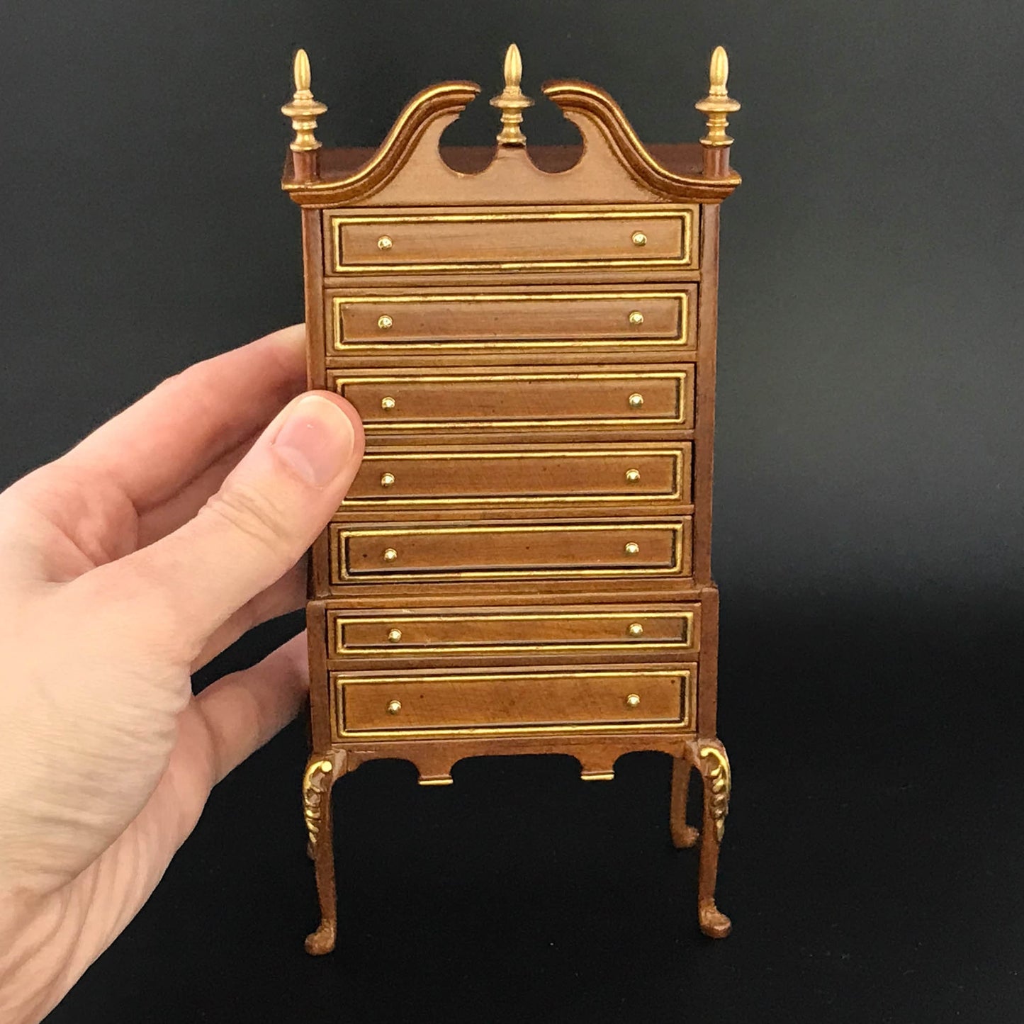 Queen Anne Bonnet Top Walnut Highboy Tall Chest of Drawers Dresser for 1:12 scale dollhouse miniature Y1000 WNG