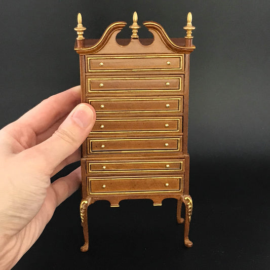 Queen Anne Bonnet Top Walnut Highboy Tall Chest of Drawers Dresser for 1:12 scale dollhouse miniature Y1000 WNG