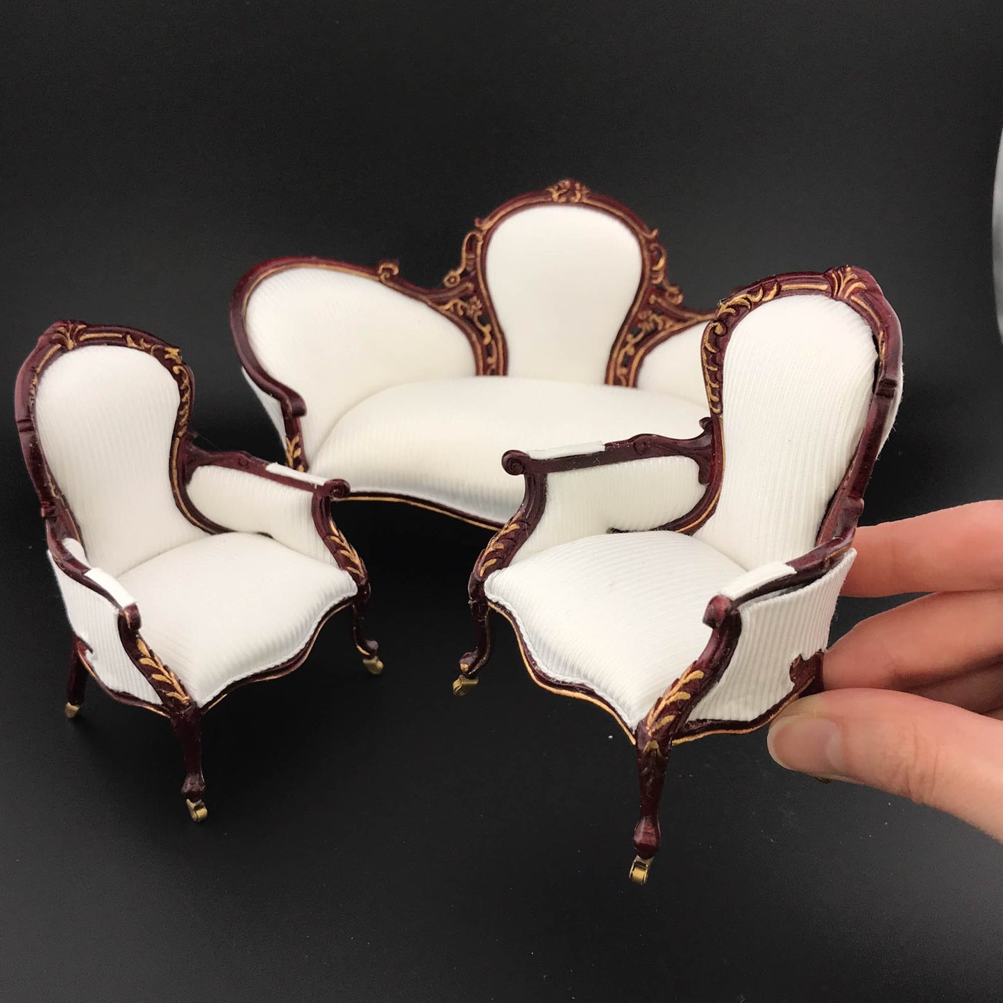 Victorian mini 1:12 scale Rococo ORNATE armchair and sofa couch for Dollhouse miniature mahogany and gold accents Y2300 2301